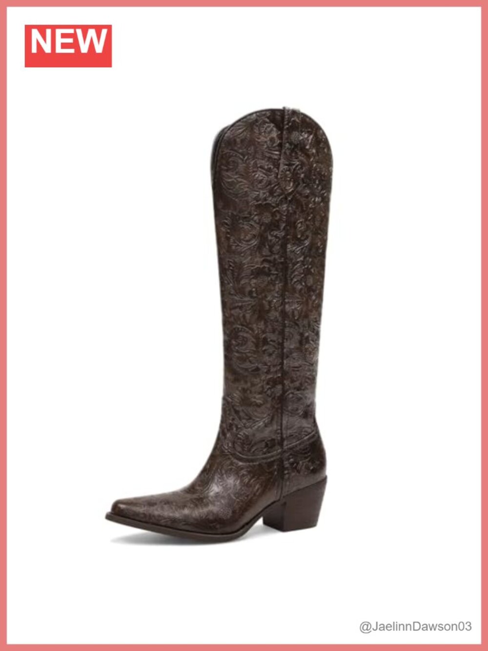 Women's Knee-High Cowboy Boots Floral Embossed Pointed Toe Chunky Block Heel
